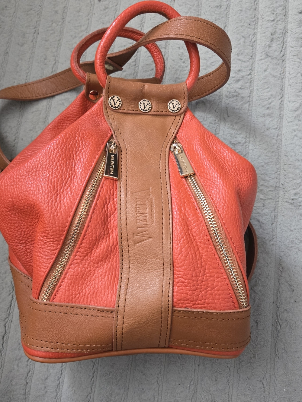 Valentina Orange & Tan Leather Drawstring Backpack with Gold Hardware